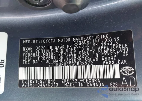 2016 Toyota Corolla Le из США, поврежденный, VIN 2T1BURHE5GC633272